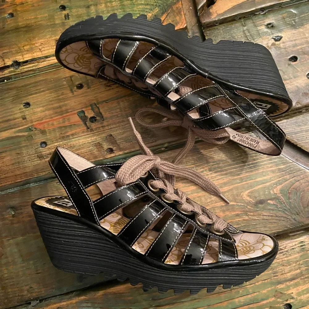 FLY London Multi-strap Lace Up Wedge Black Patent Yito Sandals - Picture 8 of 11
